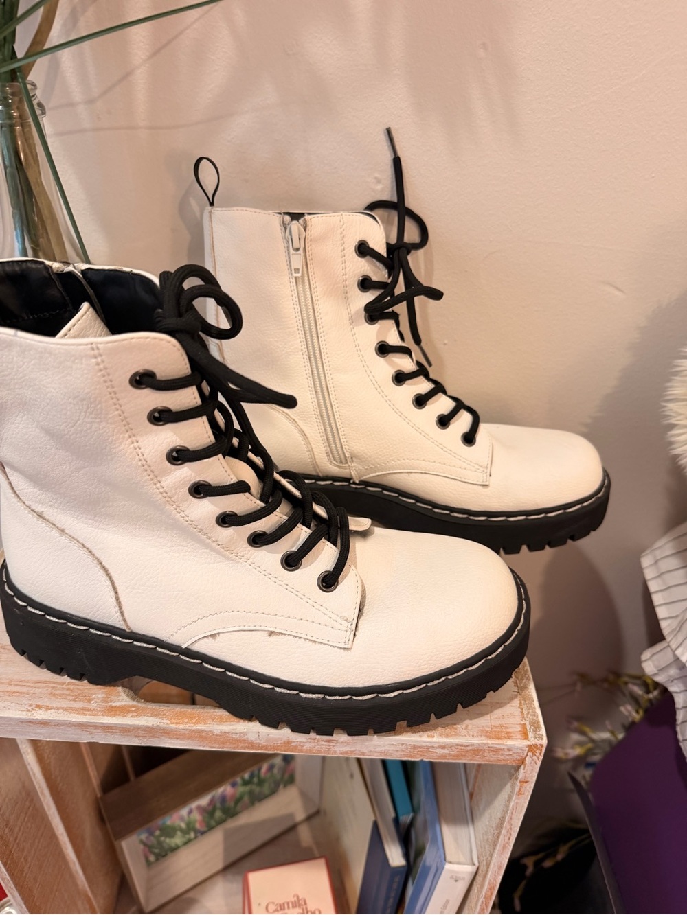 Sincerly Jules White Lace-Up Combat Boots with Black Laces - Picture 4 of 5